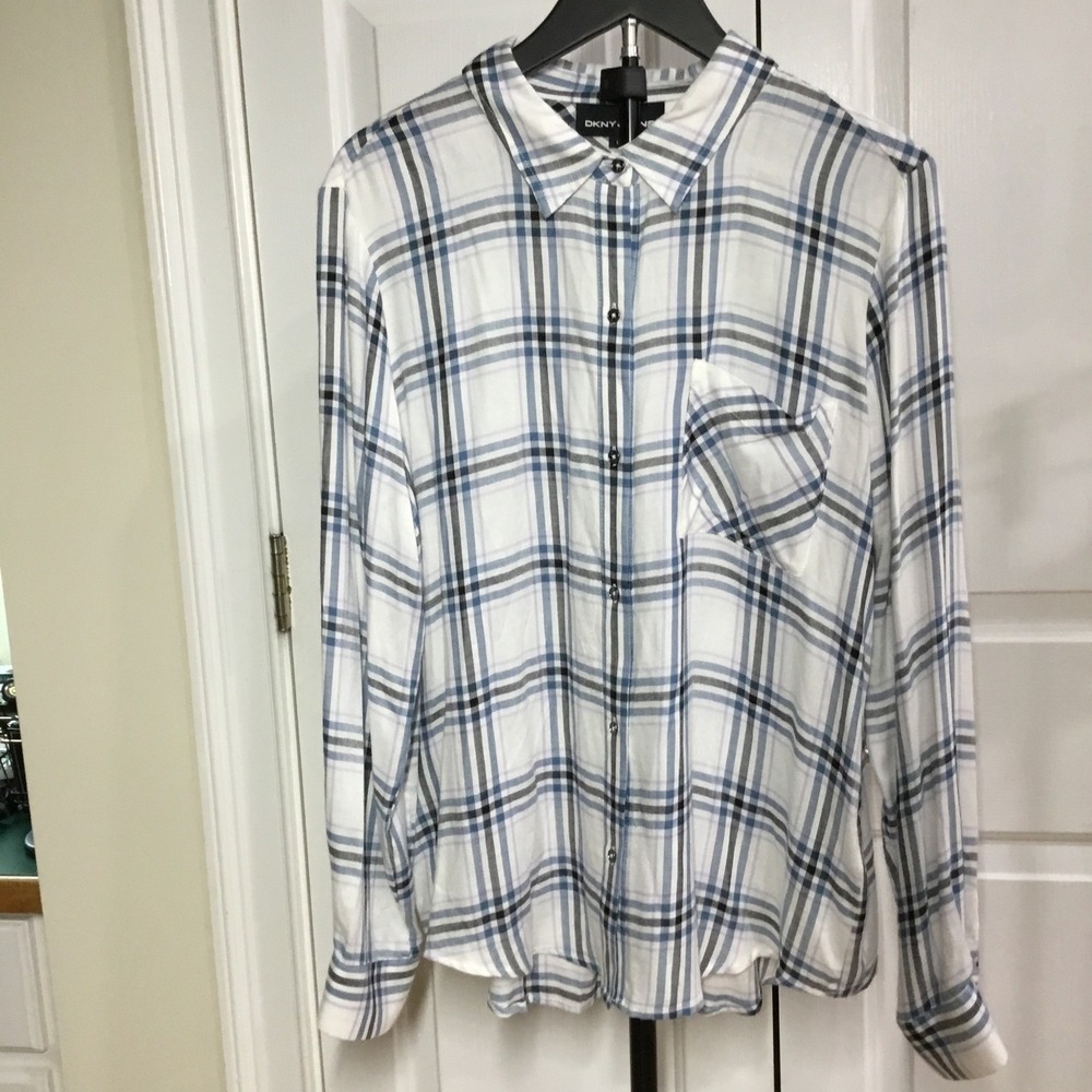 DKNY Jeans Women's Size L White Plaid Button Down Shirt Long Sleeve  Shirt EUC